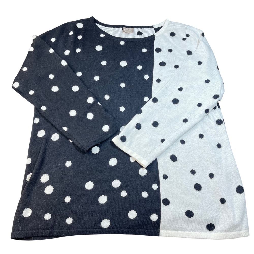 Chicos Size 3 (XL) Black White Polka Dot Colorblock‎ Cashmere Blend Sweater